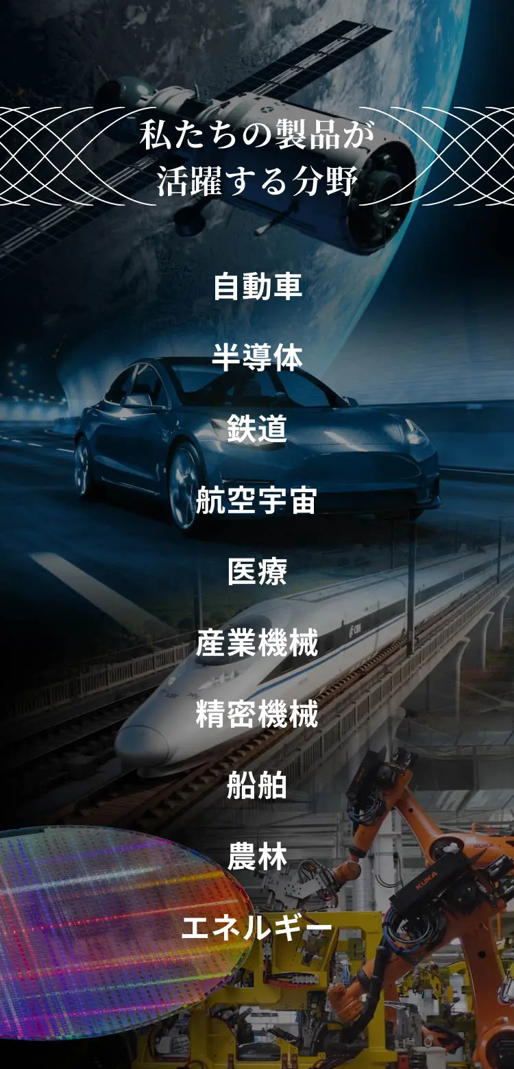 私たちの製品が活躍する分野 - 自動車 半導体 鉄道 航空宇宙 医療 産業機械 船舶 農林 エネルギー
